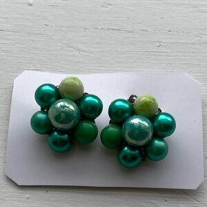 Vintage Green Cluster Clip Earrings